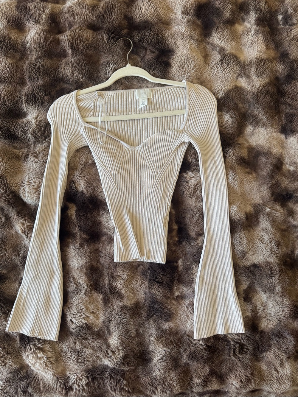 Ribbed Long-Sleeve Square Neck Top in Cream